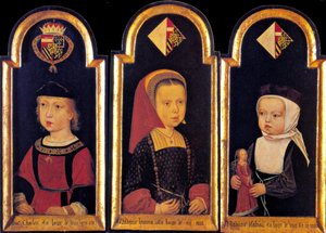Arkkiherttua Kaarle, myöhempi Pyhän Rooman keisari Kaarle V. sisarustensa Eleanorin ja Isabellan kanssa 2-vuotiaana, 1502 tekijältä Master of St.Georgsgilde