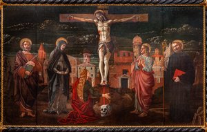 Ristiinnaulittu Kristus Pyhän Pietarin, Neitsyt, Maria Magdaleenan, Pyhän apostoli Johannes ja Pyhän Benedictuksen keskuudessa tekijältä Master of St. Peter in Vicenza