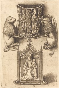 Suunnittelu dekantterilasiin ja paxille tekijältä Master of St. Sebastian