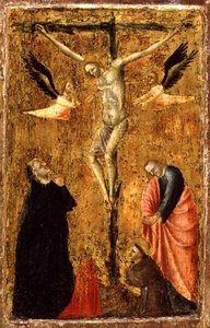 PD.8-1955 Ristiinnaulitseminen Neitsyen ja SS:n kanssa. Evankelista Johannes, Franciscus Assisilainen ja Maria Magdaleena, n. 1345 (tempera taulussa) tekijältä Master of Verrucchio