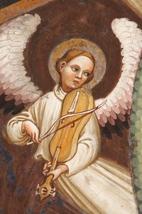 "Neitsyt Marian taivaaseenotto" ja "Neitsyt Maria pudottaa vyön tai Pyhän vyön St. Thomasille", Yksityiskohta musiikkia soittavasta enkelistä ja viulusta, n. 1420 (fresko)