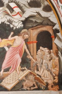 "Ylösnousemus" ja "Laskeutuminen Limboon", Yksityiskohta "Laskeutuminen Limboon": Jeesus ottaa Aadamin kädestä. Kristuksen jaloissa, helvetin portit ja Paholaisen hahmo maassa, n.1420 (fresko)