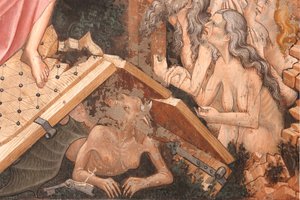 "Resurrection" ja "Descent into Limbo", Yksityiskohta "Descent into Limbo": Helvetin portit ja Paholaisen hahmo maassa, n. 1420 (fresko) tekijältä Master of Vignola