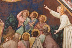 "Kristuksen taivaaseenastuminen", Yksityiskohta mieshahmoilla ja pyhimyksillä, n. 1420 (fresko)