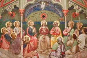 "Helluntai", Yksityiskohta rukoilevista pyhimyksistä ja Neitsyt Mariasta ja kyyhkysestä, n. 1420 (fresko)