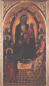 Madonna ja lapsi Pyhän Johannes Kastajan ja Pyhän Nikolauksen Myran kanssa (tempera paneelissa) tekijältä Master of the Bambino Vispo