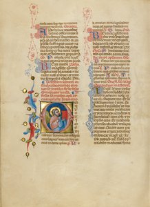 Alkukirjain O: Enkeli Matteus pitää evankeliumiaan ylhäällä. tekijältä Master of the Brussels Initials