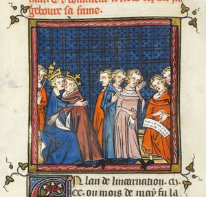Philip Augustus ja Englannin kuningas Johannes tekevät rauhaa, kuvitus teoksesta "Grandes Chroniques de France ou de St Denis" tekijältä Master of the Cambrai Missal Mahiet