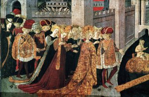 Decameron de Boccaccio (Jean Boccaccio): Chatelain Pericone toivottaa tervetulleeksi Alatielin, Babylonin sulttaanin Beminedabin tyttären ja hänen sviittinsä Mallorcan saarella (Pericone da Visalgo toivottaa tervetulleeksi Babylonin sulttaanin Beminedabin  tekijältä Master of the Cassoni