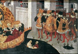 Decameron de Boccaccio (Jean Boccaccio): Chatelain Pericone toivottaa tervetulleeksi Alatielin, Babylonin sulttaanin Beminedabin tyttären ja hänen sviittinsä Mallorcan saarella (Pericone da Visalgo toivottaa tervetulleeksi Babylonin sulttaanin Beminedabin  tekijältä Master of the Cassoni