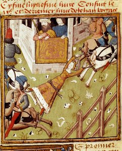 Brunehautin kidutus: Brunehaut tai Brunehilde (543-613), Clotaire (Clothaire) II:n vanki, on repeytynyt hevosten toimesta, jotka vetävät sen jäseniä kummaltakin puolelta - Naisten mestarin mestarin miniatyyri käsikirjoituksesta "" Des hommes illustres """" tekijältä Master of the Champion des Dames
