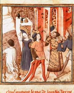 Legenda Jocastesta, Theban kuningattaresta. Oidipus, sokea, tajuttuaan tappaa oman isänsä Naisten mestarin pienoismalli (1400-luku) Giovanni Boccaccion (Jean Boccaccio) (1313-1375) käsikirjoituksesta "" Des hommes illustres"". 15 tekijältä Master of the Champion des Dames