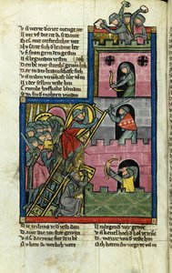 Linnan ottaminen Jerusalemissa (Rudolf von Emsin kirjoittamasta Maailman kronikasta (Weltchronik)) - Maailman kronikan mestari (Weltchronik) (voimassa noin 1300) - n. 1300 - Vesiväri pergamentille - Kantonsbibliothek St. Gallen tekijältä Master of the Chronicle of the World
