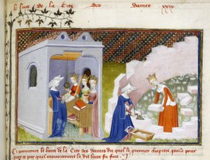 Harley 4431, f.290, Yksityiskohta Christinen pienoiskuvasta ennen järjen, rehellisyyden ja oikeuden personifikaatioita ja Christine with Reason rakentamassa Cité des Damesia (vellum)