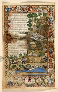 Lisätä. 28841, f.1v: Geometriset koko sivun reunukset rombideista, pyöreistä ja nelikantaisista eläimistä ja kuvitteellisista kohtauksista: Paimenet vartioivat lampaita ja vuohia ja taistelevat susia vastaan, punainen paholainen seisomassa hevosen selässä 