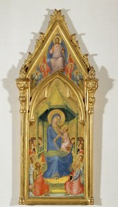 Madonna valtaistuimella kahden enkelin, Johannes Kastajan ja Pietarin, välillä (maalaus puulle) tekijältä Master of the Codex of Saint George