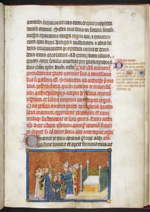 Puuvilla Tiberius B.VIII f.59 Reimsin arkkipiispa asettamassa kruunun kuninkaan päähän, "Ranskan kuninkaan Kaarle V:n kruunauskirjasta"