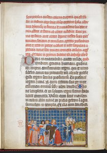 Puuvilla Tiberius B. VIII f.47v Kuningas riisumassa päällysvaatteitaan, kuvitus "Ranskan kuninkaan Kaarle V:n kruunauskirjasta"