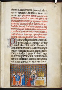 Puuvilla Tiberius B. VIII f.49r Kuningas uhraamassa miekkaa alttarilla, kuvitus 