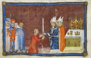 Puuvilla Tiberius B. VIII f.49v Reimsin arkkipiispa palauttaa miekan kuninkaalle, kuvitus 