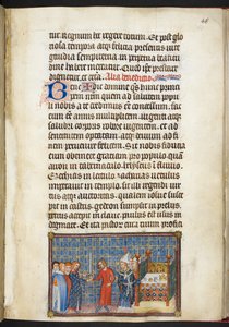 Puuvilla Tiberius B. VIII f.50r Kuningas välittää miekan Seneschalille (Anjoun herttualle), "Ranskan kuninkaan Kaarle V:n kruunauskirjasta"