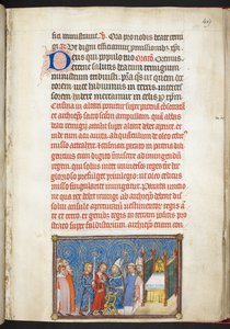 Puuvilla Tiberius B. VIII f.51r, Reimsin arkkipiispa, joka avaa kuninkaan tunikan, "Ranskan kuninkaan Kaarle V:n kruunauskirjasta"