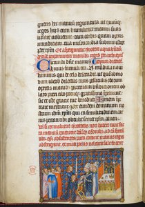 Puuvilla Tiberius B. VIII f.56v, Reimsin arkkipiispa, joka asettaa hanskat kuninkaan käsiin, 
