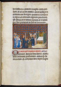 Puuvilla Tiberius B. VIII f.58r Kuningas vastaanottamassa valtikka ja virgan (