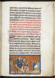 Cotton Tiberius B. VIII f.63r Ranskan ikäisensä johdattamassa kuningasta valtaistuimelle soliumissa, "Ranskan kuninkaan Kaarle V:n kruunauskirjasta"