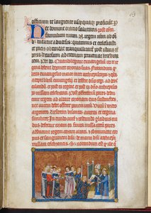 Puuvilla Tiberius B. VIII f.65r, Kuningatar astumassa katedraaliin, "Ranskan kuninkaan Kaarle V:n kruunauskirjasta"