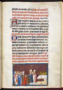 Puuvilla Tiberius B. VIII f.69r Kuningatar vastaanottamassa valtikka ja neitsyt, 