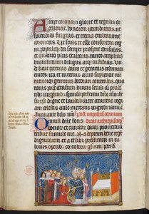 Puuvilla Tiberius B. VIII f.69v Reimsin arkkipiispa asettaa kruunun kuningattaren päähän ja paronit pitävät hänen kruunuaan, kuvitus "Ranskan kuninkaan Kaarle V:n kruunauskirjasta"