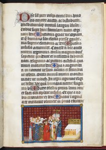 Cotton Tiberius B. VIII f.70r Barons, jotka ylläpitävät kuningattaren kruunua, "Ranskan kuninkaan Kaarle V:n kruunauskirjasta"