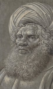 Parrakkaan miehen pää, jolla on turbaani recto, latinalainen kirjain, n. 1510. tekijältä Master of the Death of Absalom