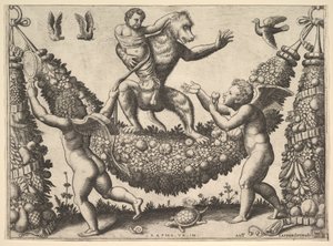 Apina pitelee sidottua puttoa seisomassa seppeleellä, jonka edessä on kaksisiiveistä p..., 1530-60. tekijältä Master of the Die