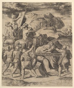 Kristus kantaa ristiä sotilaiden ympäröimänä, useat hevosen selässä, 1530-60. tekijältä Master of the Die