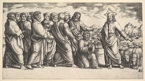Kristus seisoo vasemmalla osoittaen lammaslaumalle, hänen edessään polvistuu Pyhä Pietari hol..., 1530-60. tekijältä Master of the Die