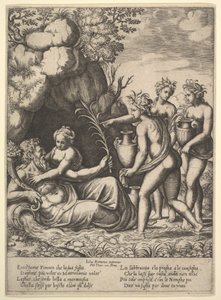 Daphne syleilee isäänsä, jokijumala Peneusta, vasemmalla kolme nymfiä tuovat purkkeja ..., 1530-60.
