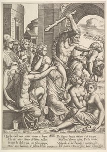 Oikealla kateus tai ahneus, jonka Hercules karkottaa muusojen temppelistä..., 1530-60. tekijältä Master of the Die