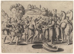 Keskellä Joosefia myyvät hänen veljensä kaivon yläpuolella, kamelit oikealla, 1533. tekijältä Master of the Die