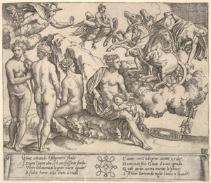 Jupiter putoaa hevoskärryistä oikealla, Ganymedes kotkan muodossa..., 1530-60. tekijältä Master of the Die