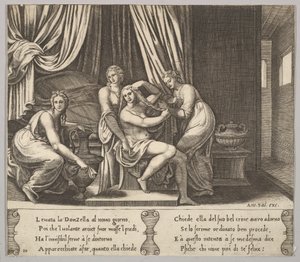 Levy 10: nymfit auttavat Psycheä pukemaan hiuksensa, teoksesta The Fable of Psyche, 1530-60. tekijältä Master of the Die