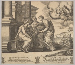 Levy 11: Psyche antaa lahjoja sisarilleen teoksesta The Fable of Psyche, 1530-60. tekijältä Master of the Die