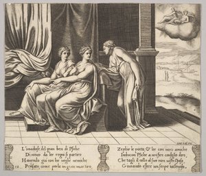 Levy 12: Psychen sisaret vakuuttavat hänet, että käärme nukkuu hänen kanssaan, teoksesta The Fable..., 1530-60. tekijältä Master of the Die
