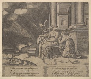 Levy 27: Proserpina antaa Psychelle kauneuslaatikon julkaisusta The Fable of Cupid and Psyche, 1530-60. tekijältä Master of the Die