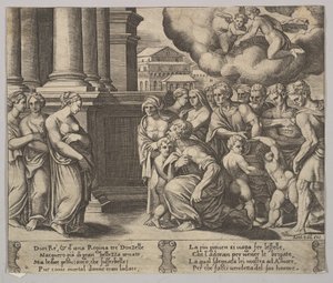 Levy 2: ihmiset, jotka antavat jumalallisia kunnianosoituksia Psykelle, teoksesta The Fable of Psyche, 1530-60. tekijältä Master of the Die