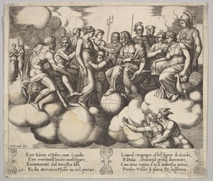 Levy 30: Venus ja Cupid vetoavat asiaansa Jupiterin ja muiden jumalien läsnäollessa..., 1530-60. tekijältä Master of the Die