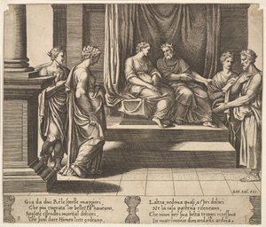 Levy 3: Psychen kaksi sisarta ovat naimisissa kuninkaiden kanssa, kirjasta The Fable of Psyche, 1530-60. tekijältä Master of the Die