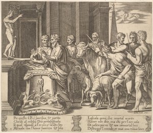 Levy 4: Psychen isä konsultoi oraakkelia, teoksesta The Fable of Psyche, 1530-60. tekijältä Master of the Die