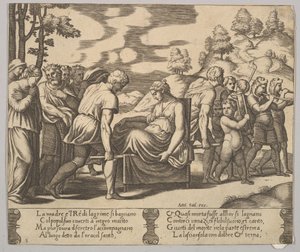 Levy 5: Psyke kantoi pentueen vuorelle, teoksesta The Fable of Psyche, 1530-60. tekijältä Master of the Die